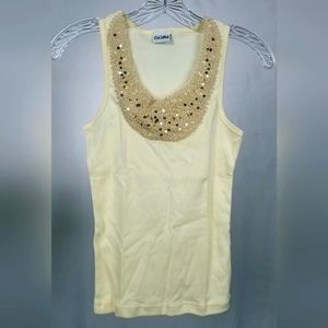 NWT Vintage 90s Cream Tank Top with Gold Sequins & Metallic Fiber Decor S/M